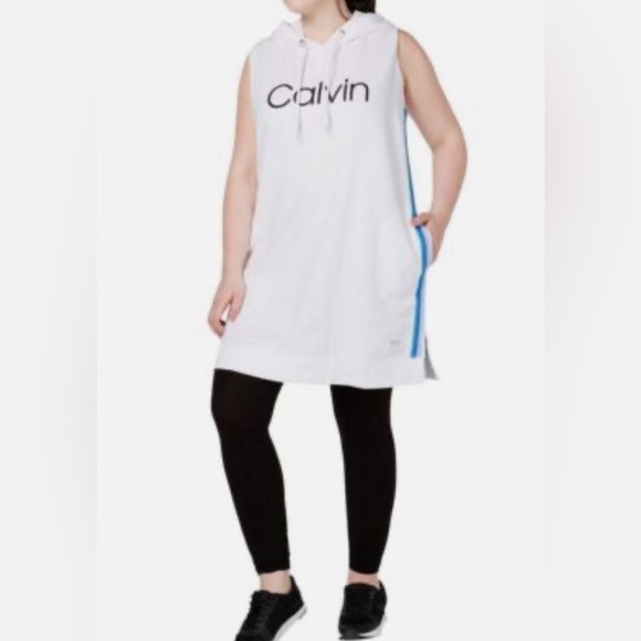 NWT Calvin Klein Performance Hooded Logo Sweatshirt Mini Dress White Pockets 2X - Picture 6 of 14